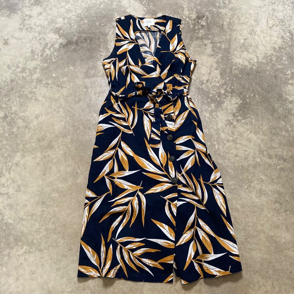 JOA Just One Answer Dress Womens Medium Floral Button Up Navy Palm Belted‎